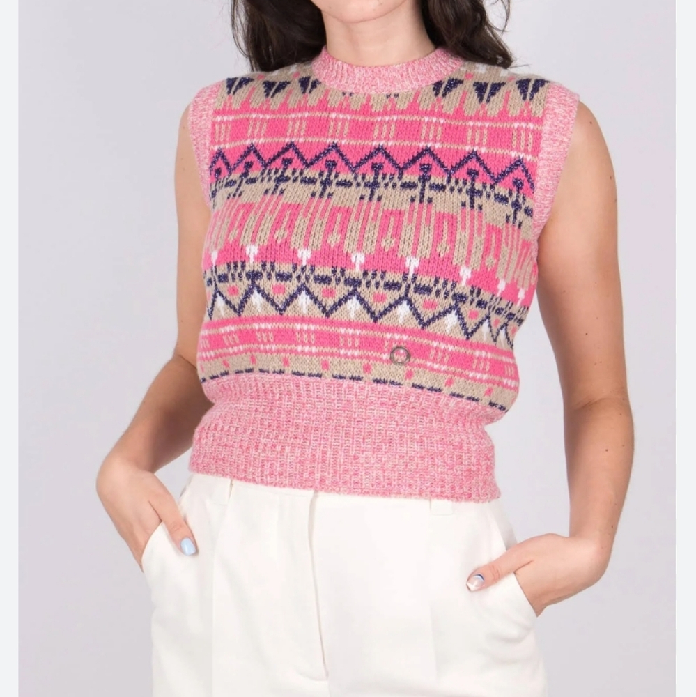 Paco Rabanne RTR Pink Patterned Women's Crop Sleeveless Sweater Size L